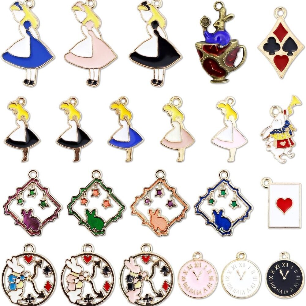 19PCS Assorted Gold Plated Enamel Alice in Wonderland Wreath Charm Pendant DIY f